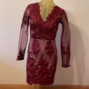 Sexy maroon mini dress with see through lace long sleeves